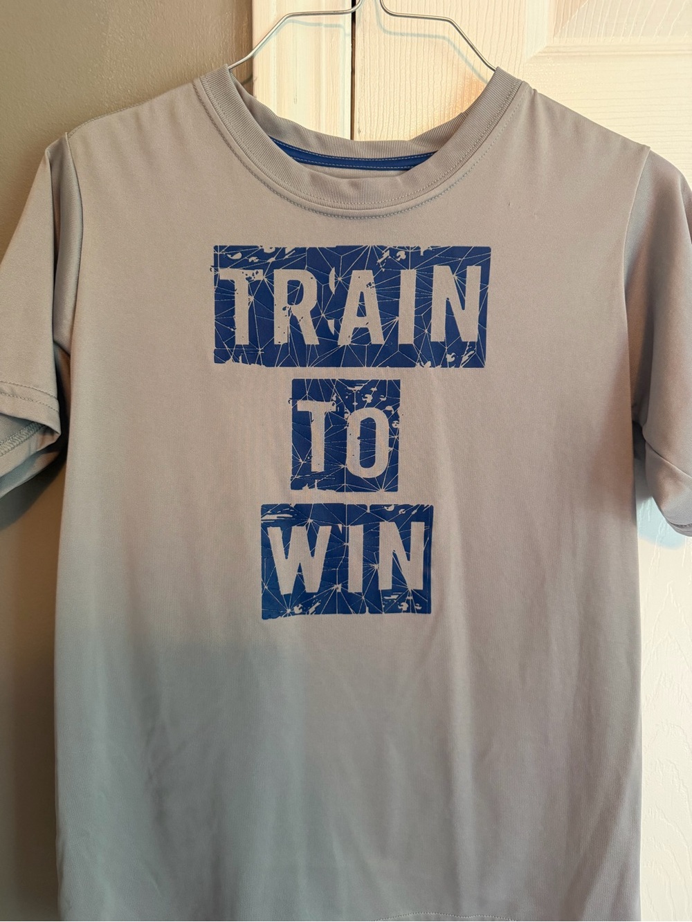 BCG boys Light Gray Short Sleeve 'Train to Win' drifit Tee with Blue Graphic